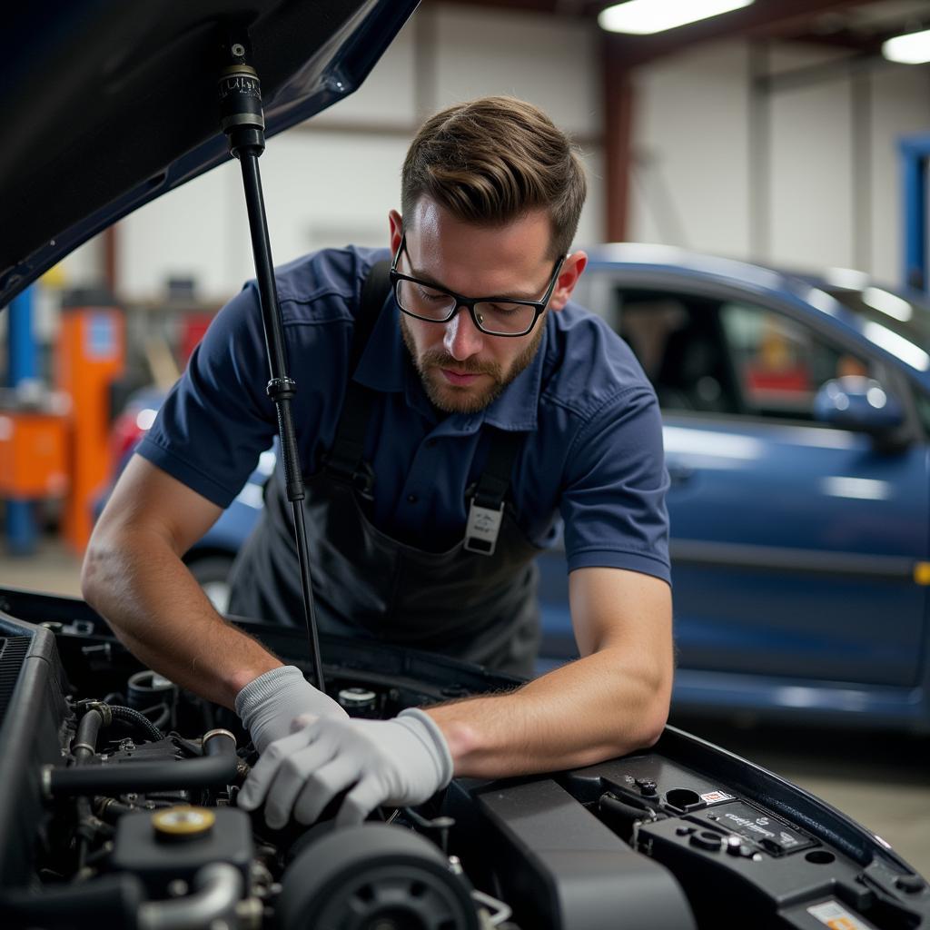 Experienced auto mechanic working on a car in a Milwaukee repair shop