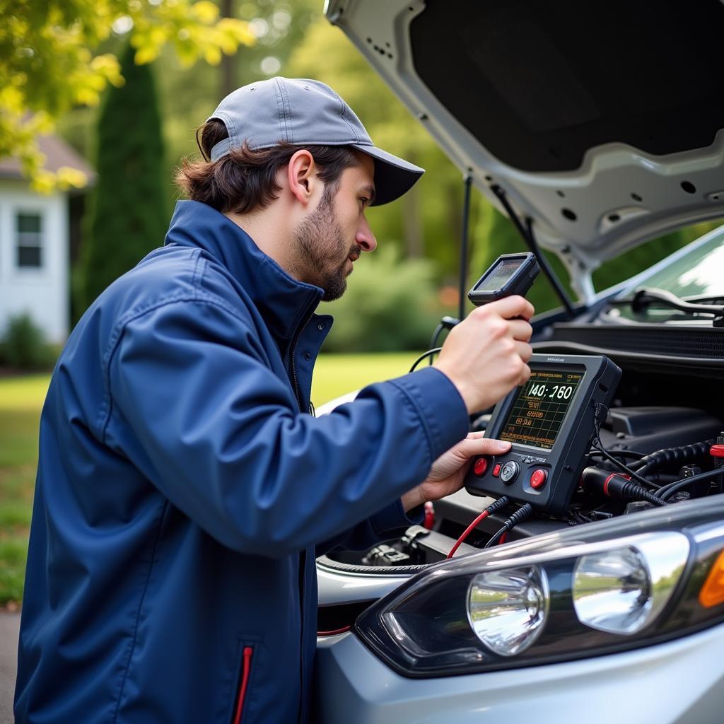 Mobile Auto Electrician Diagnosing a Vehicle