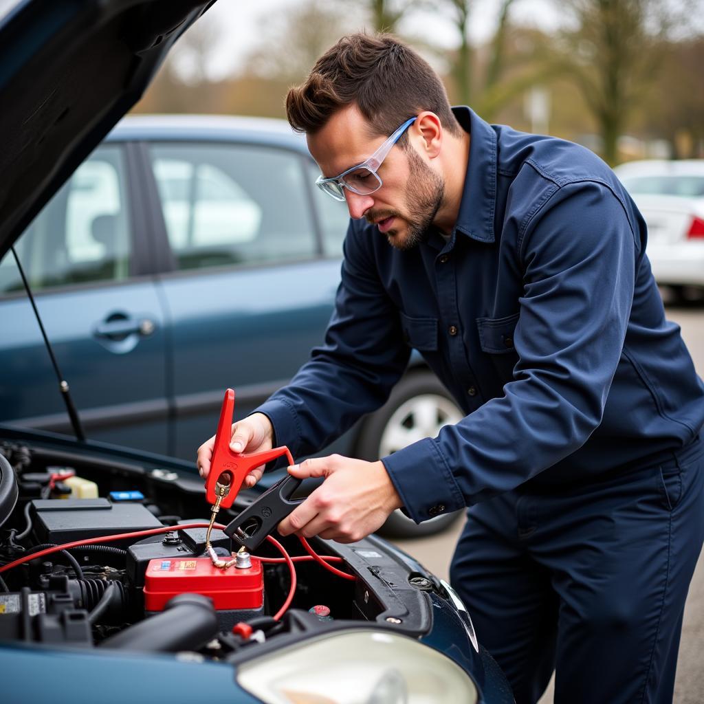 Mobile Auto Electrician Jump Starting a Car