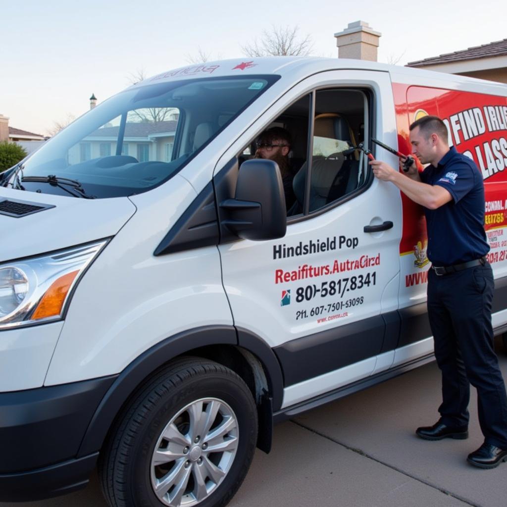 Mobile auto glass repair service in Gilbert, AZ. A technician is working on a car's windshield in a customer's driveway.