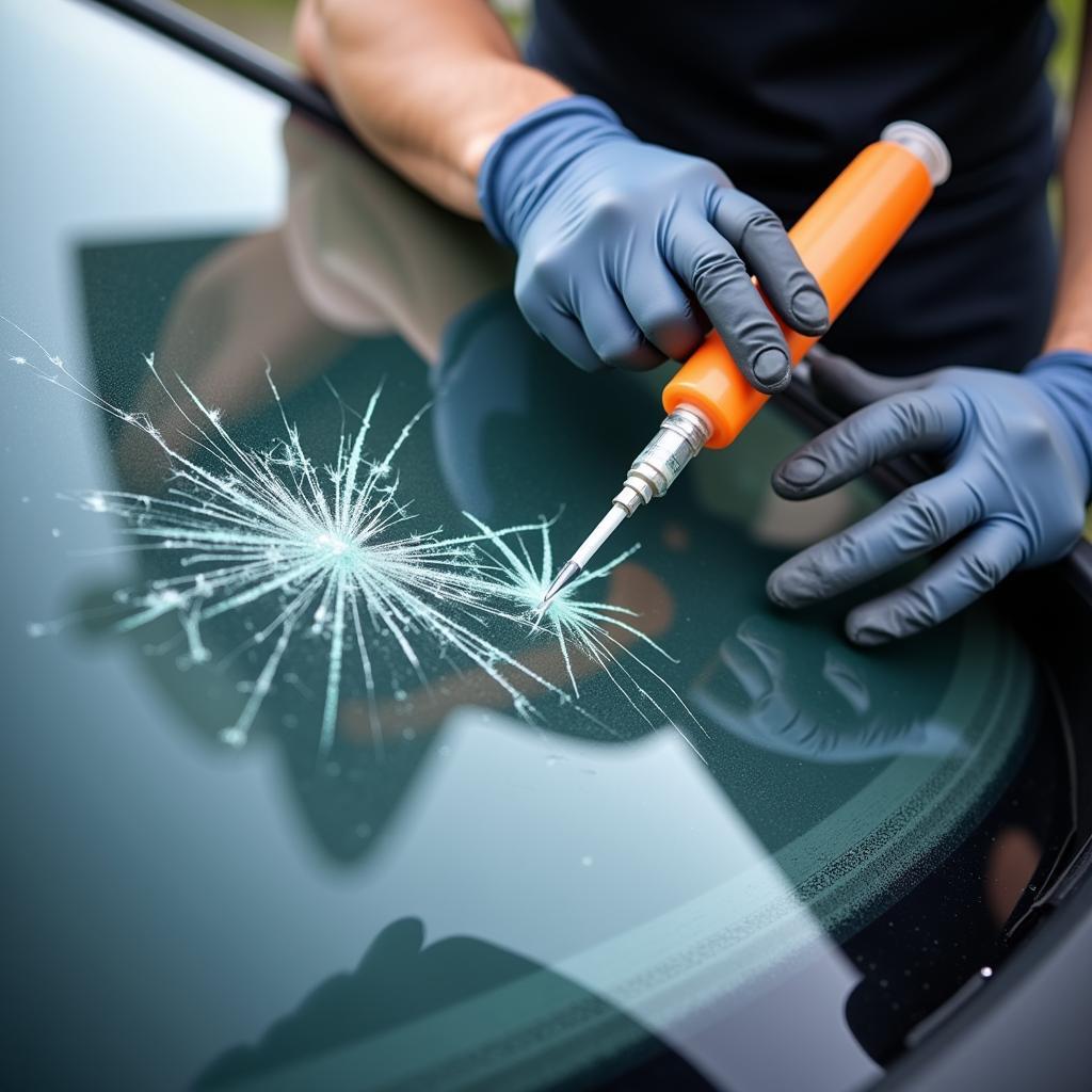 A technician injecting resin into a windshield chip.