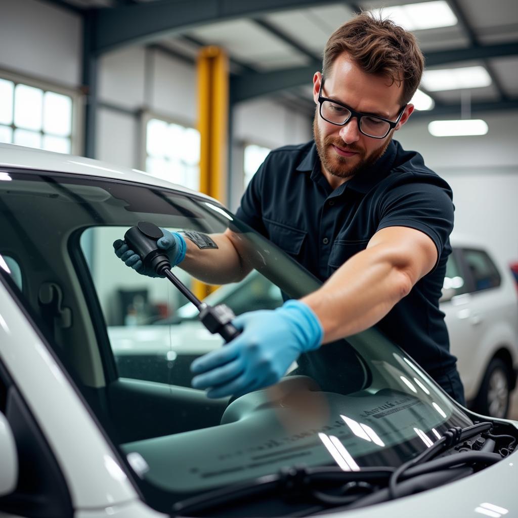 Mobile Auto Glass Replacement Technician at Work