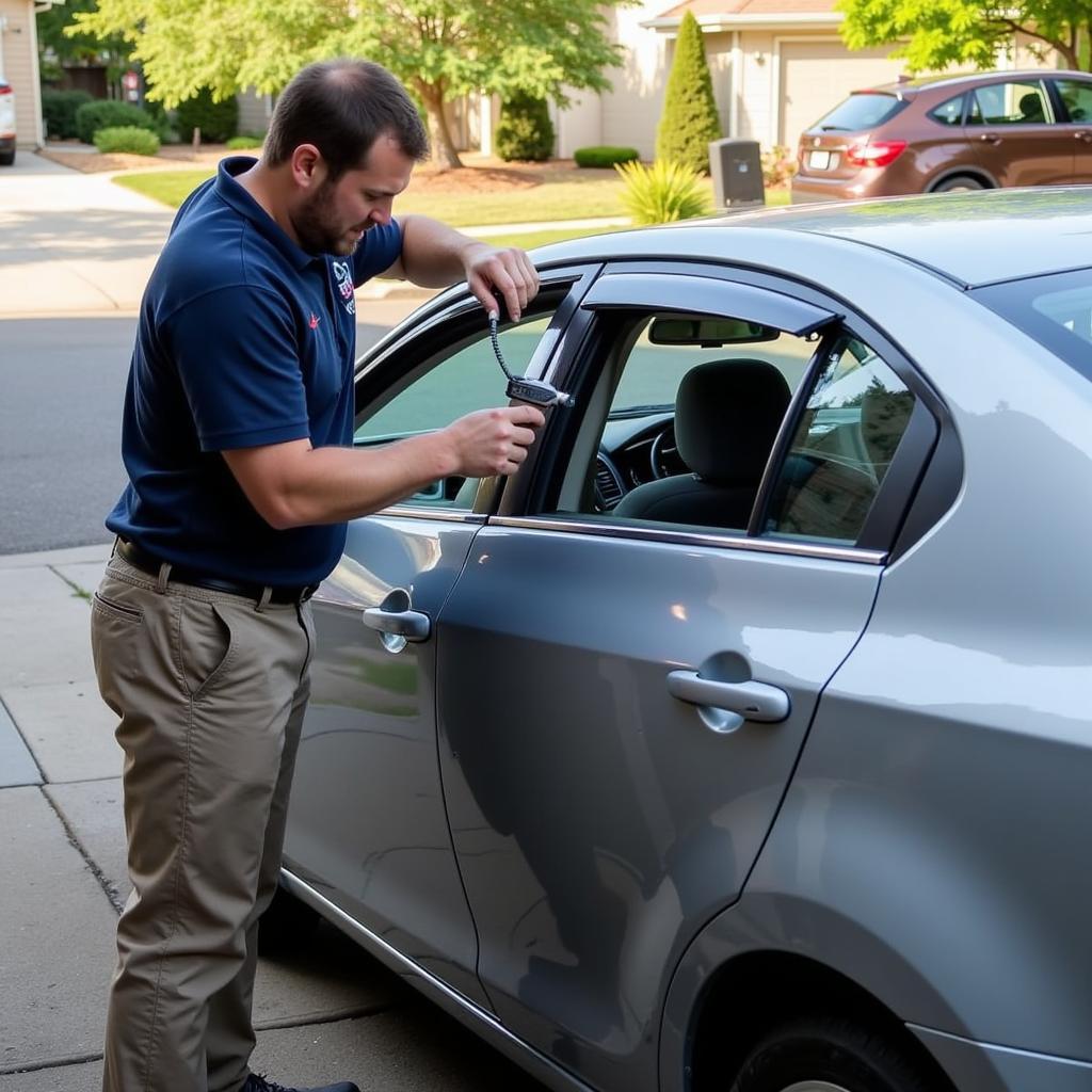 Mobile auto window repair service: A technician working on a car windshield in a customer's driveway, illustrating the convenience of mobile service.