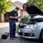 Mobile mechanic performing a car repair service in a customer's driveway.