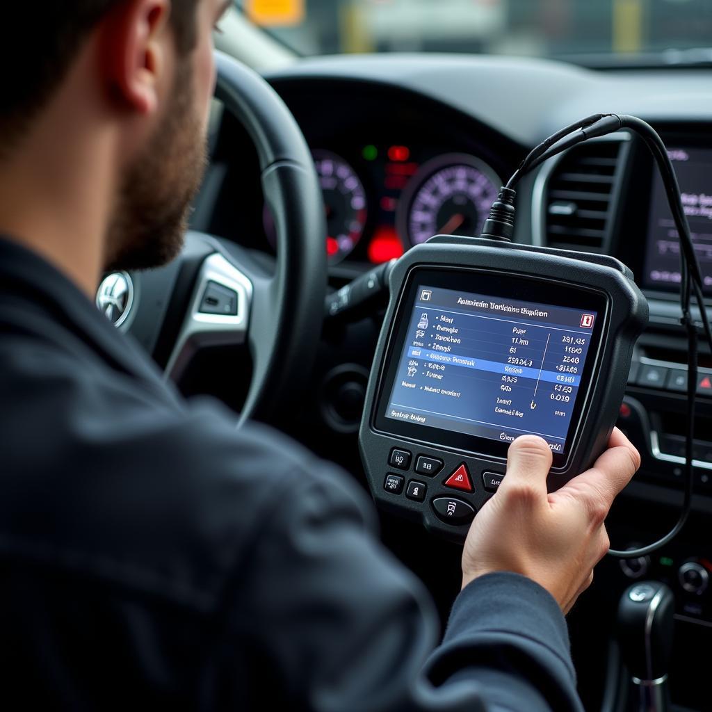 A mechanic using a high-tech diagnostic scanner plugged into a car's onboard computer system, displaying diagnostic codes and data on the screen.