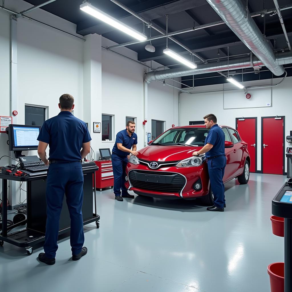 A modern auto repair shop with advanced diagnostic equipment