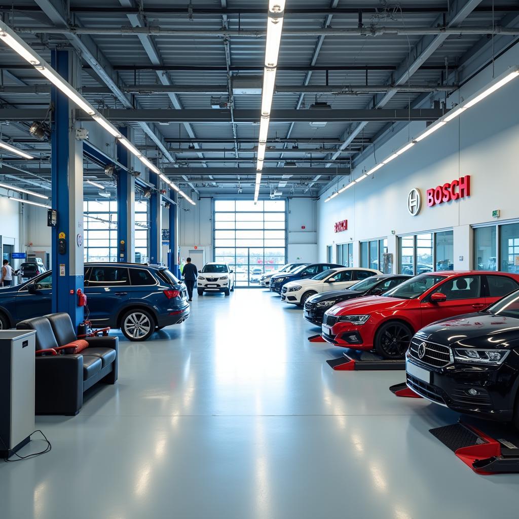 Interior of a modern Bosch car service center.