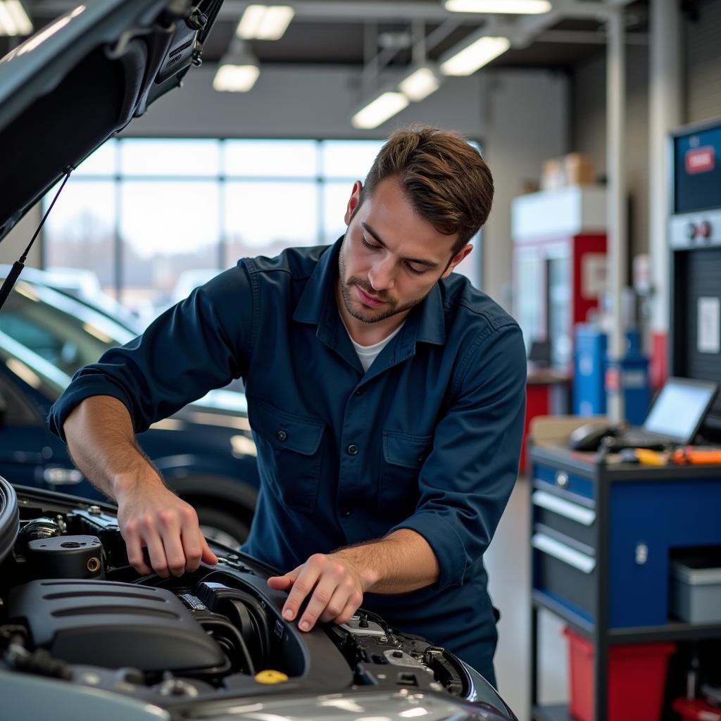 Mechanic working on a car engine in a Monroe auto super service center