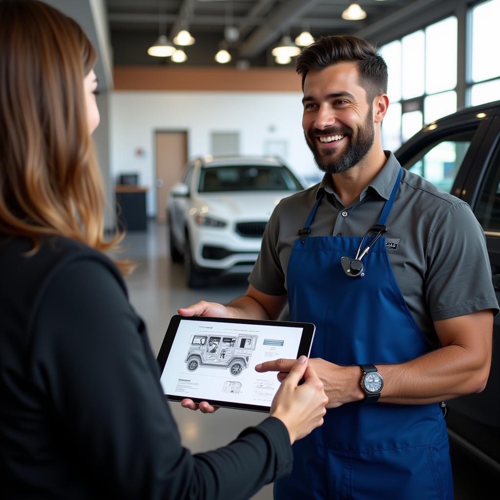 Customer service representative discussing car maintenance with a customer at a Naperville auto service center.