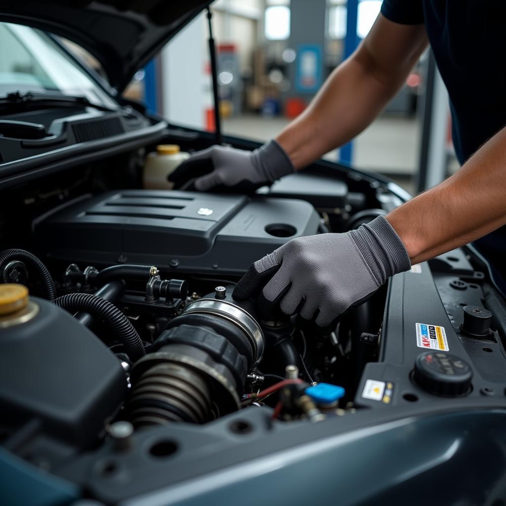 Naperville auto service center mechanic working on a car engine.