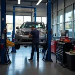 Car undergoing routine maintenance at a Nesconset auto service center.