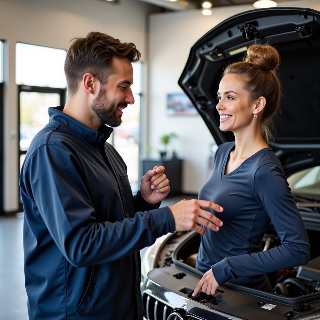 Customer discussing car repair with a mechanic in North Mankato