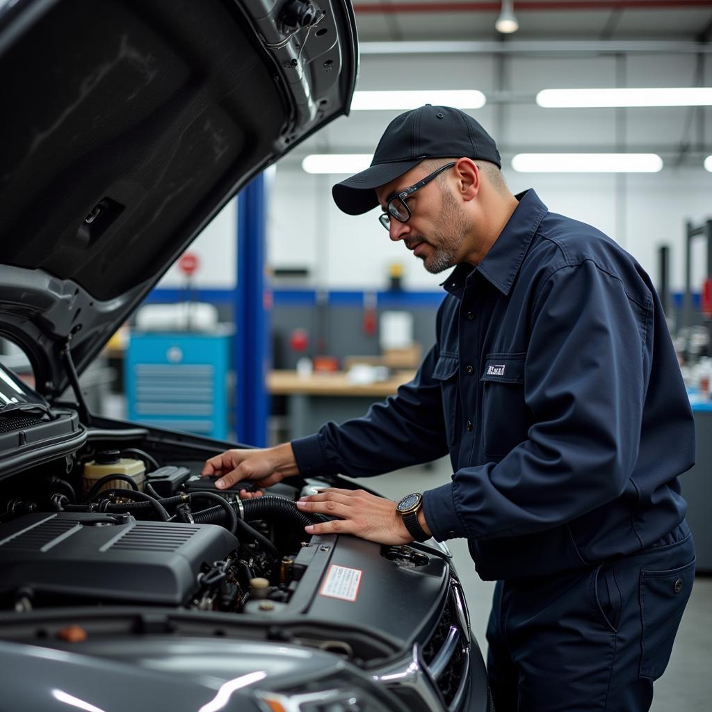 Mechanic performing a car inspection in North Park