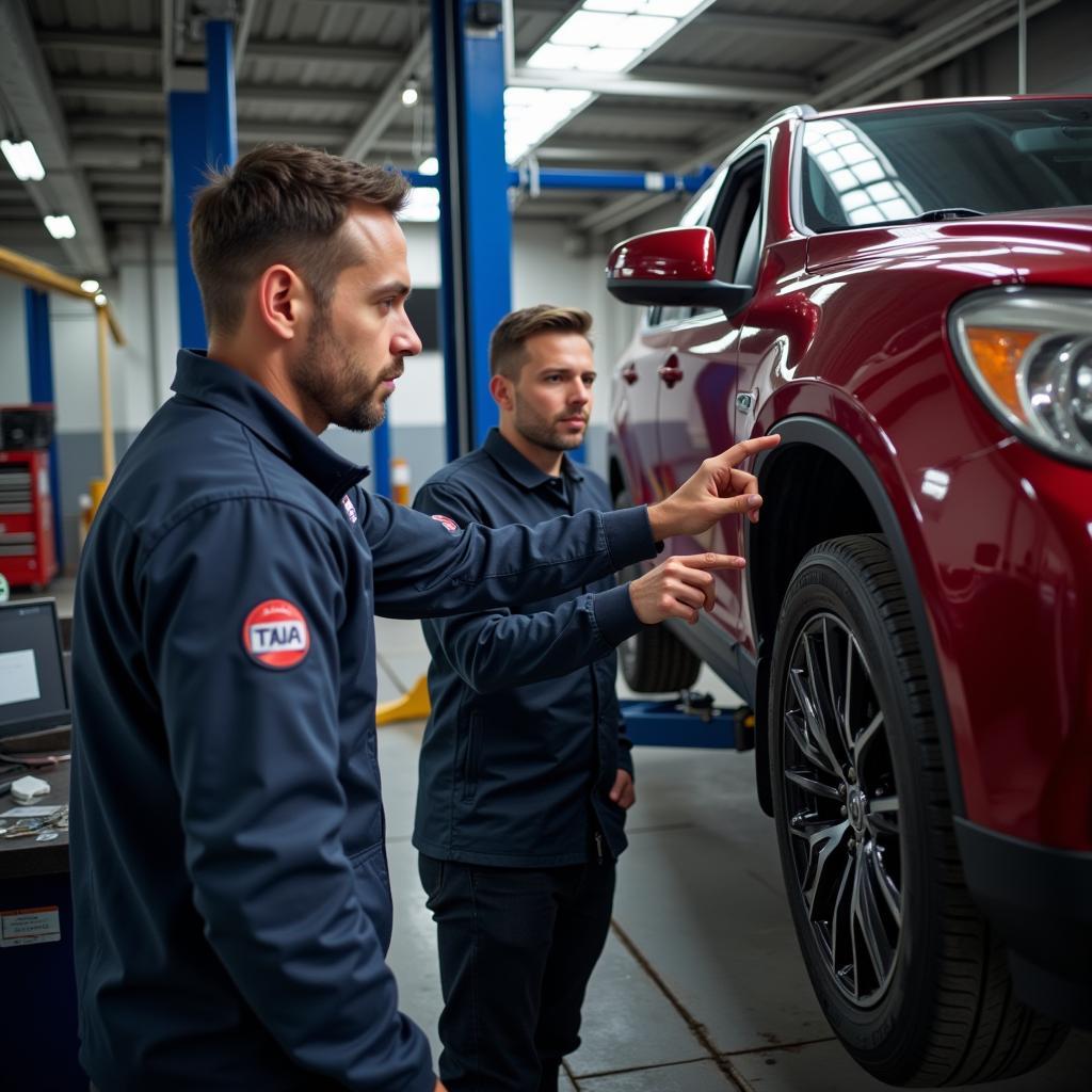 Mechanic explaining car repairs to customer at an Oakton auto service center