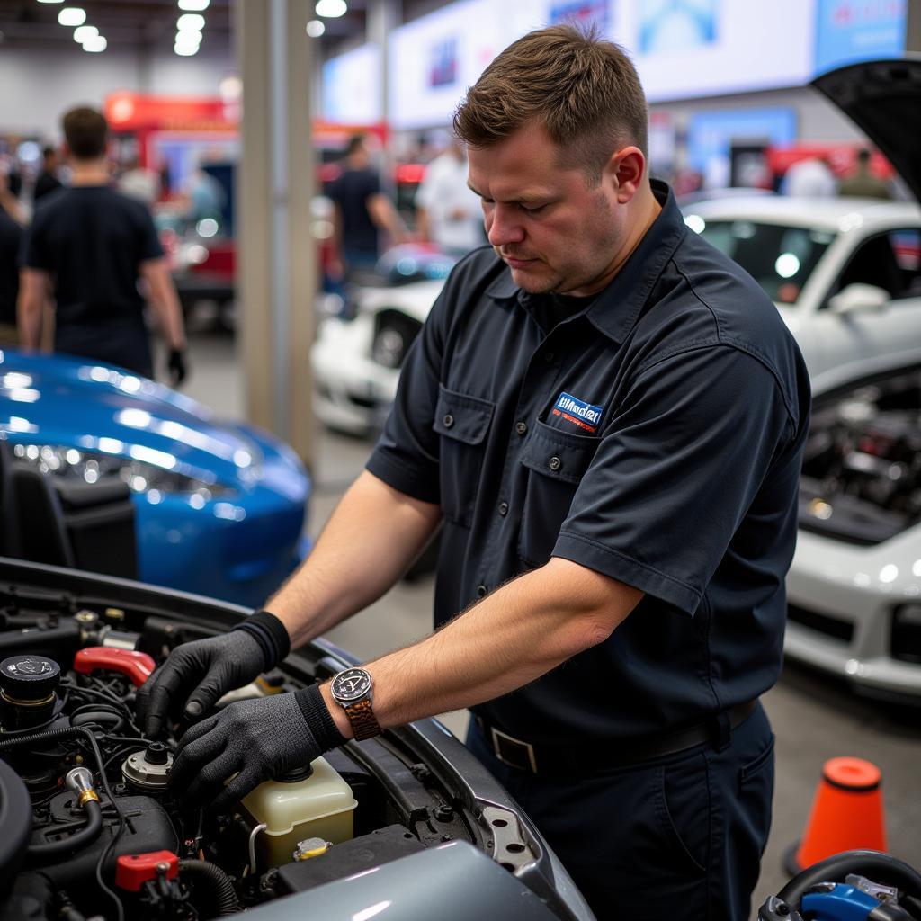 On-site Expo Support: A mechanic providing on-site support at an auto expo, addressing minor repairs and adjustments.