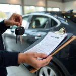 A person holding car keys and paperwork, symbolizing a streamlined process.