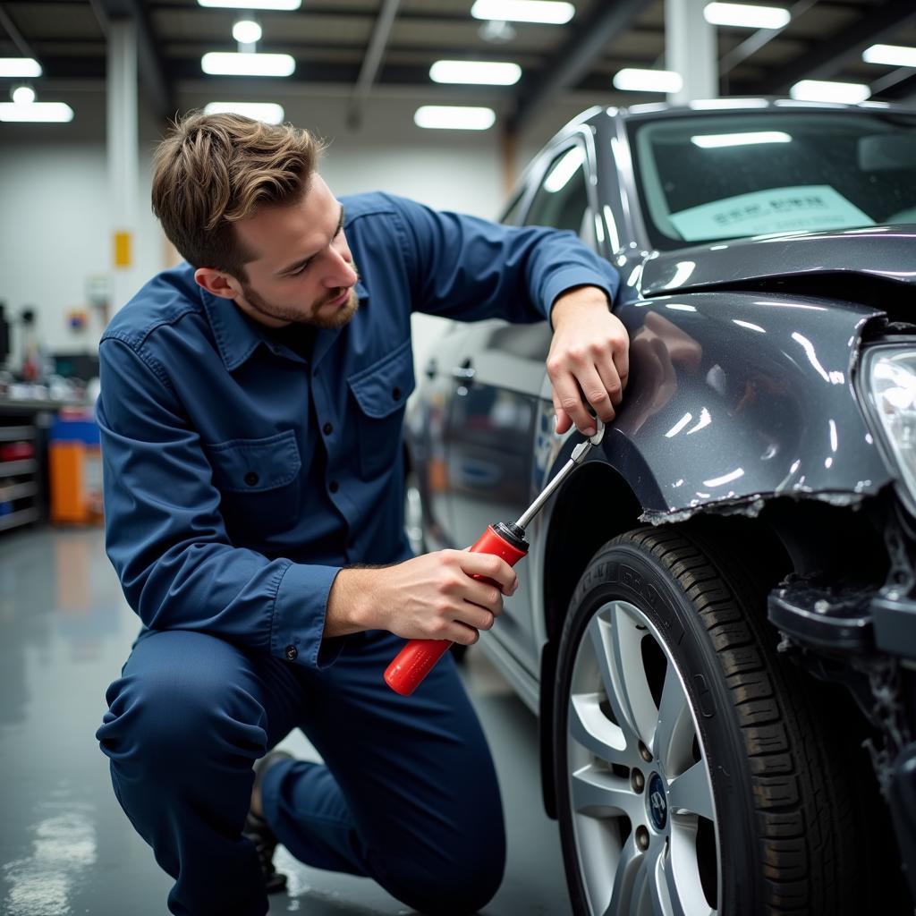 Collision Repair Process: A damaged car being assessed for repairs by a technician.