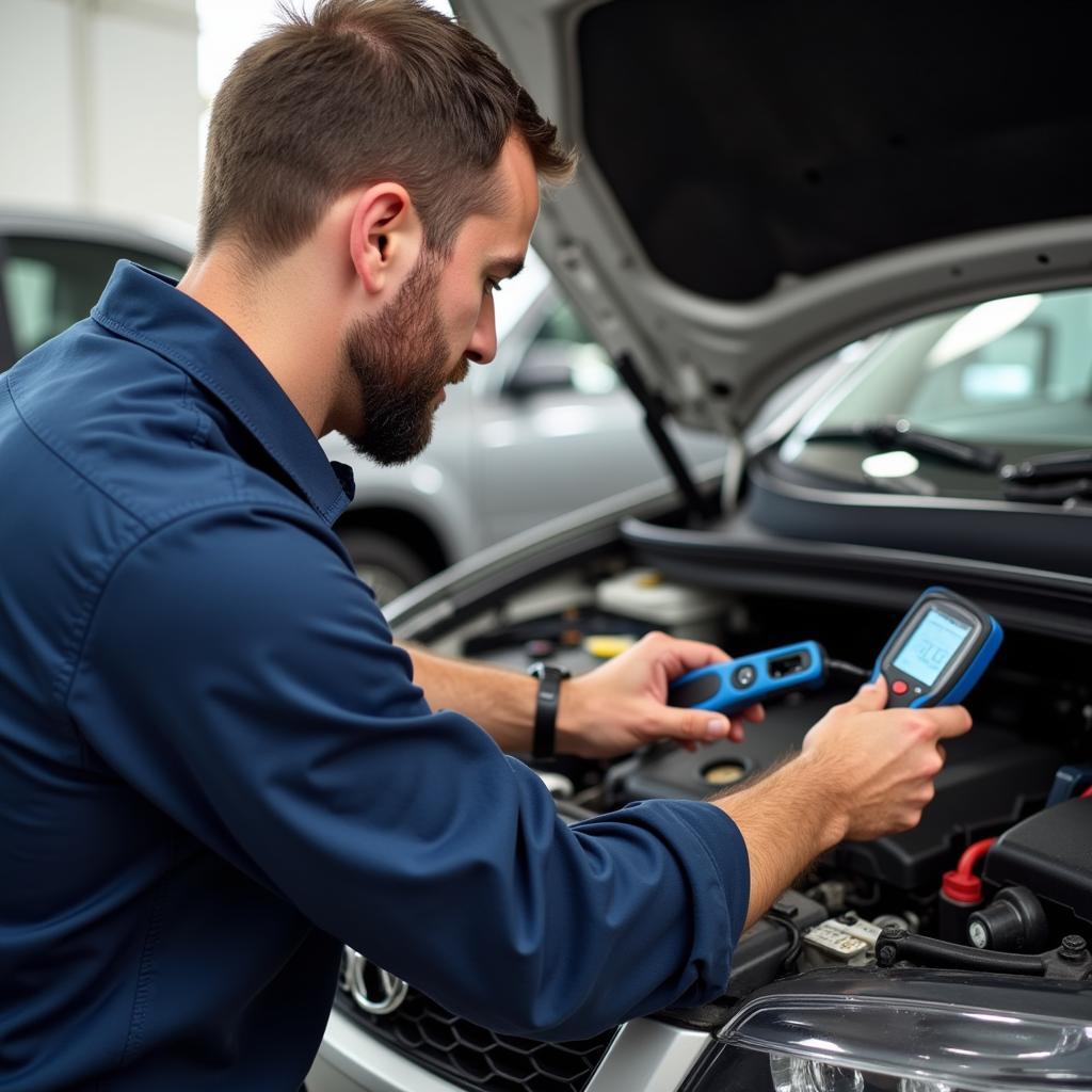 Pensacola auto AC service technician working on a car's air conditioning system.