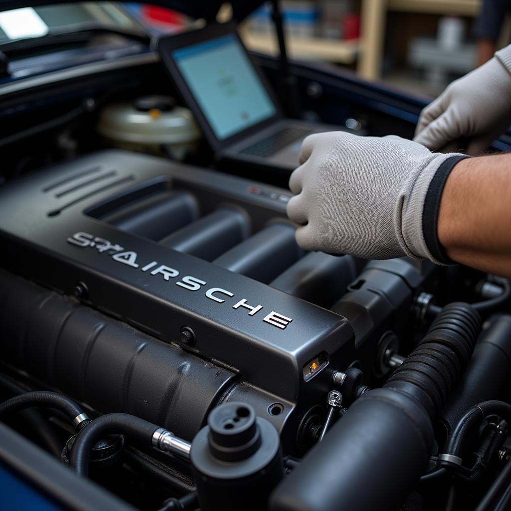 Porsche Technician Performing Engine Diagnostics