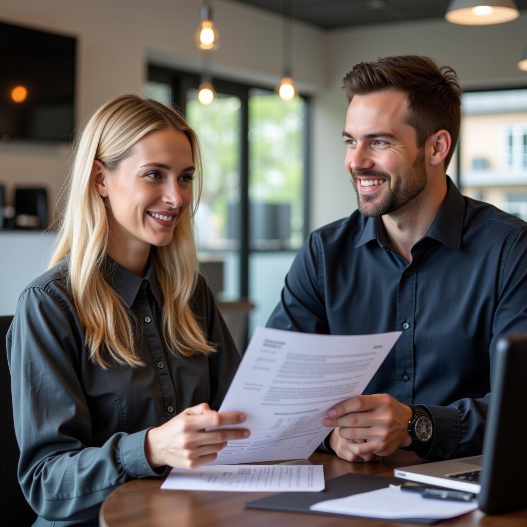 Customer service representative at an auto body shop in Portland, Oregon discussing repair options with a client.