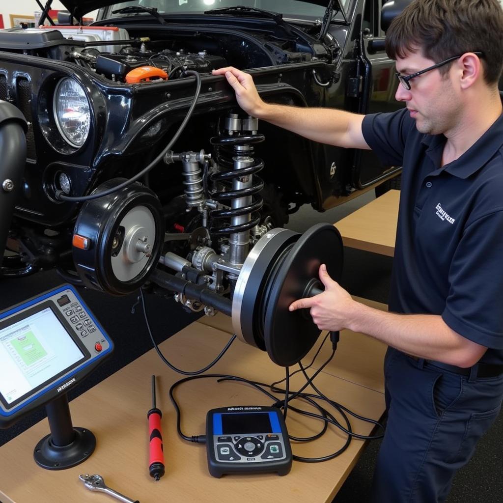 Pre-Expo Mechanical Checkup: A mechanic inspecting a car's engine, brakes, and suspension before an auto expo.