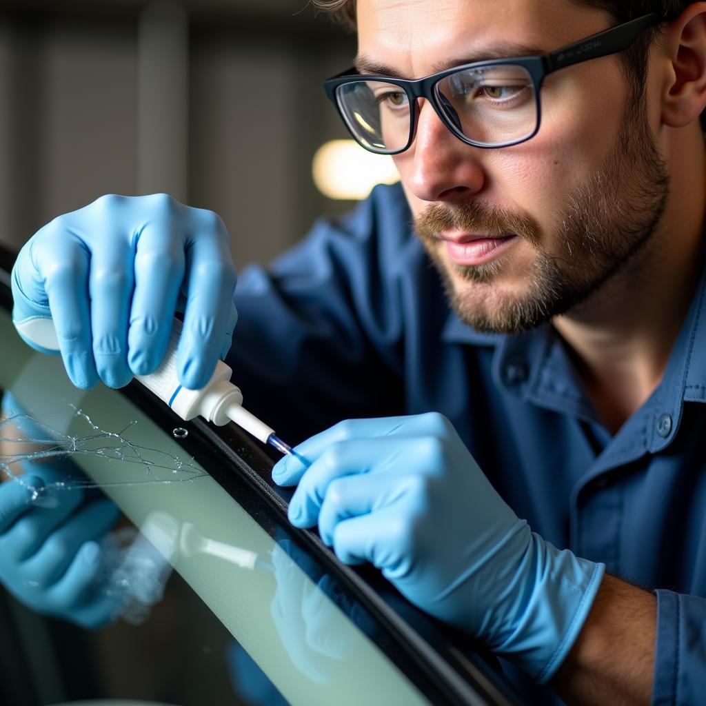 A professional auto glass technician repairing a windshield