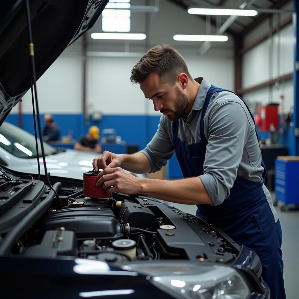 Mechanic working on a car engine in a professional auto repair shop