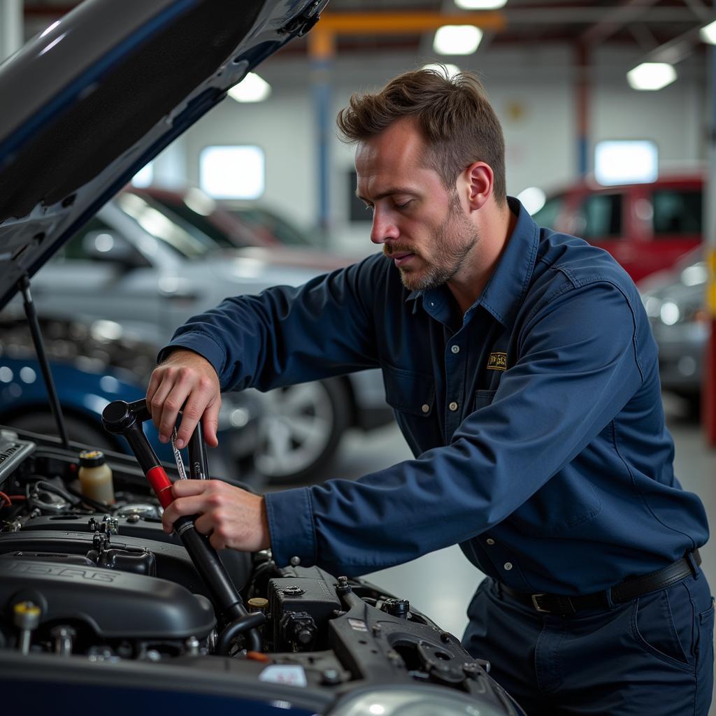 Providence auto service repair shop showing a mechanic working on a car engine.