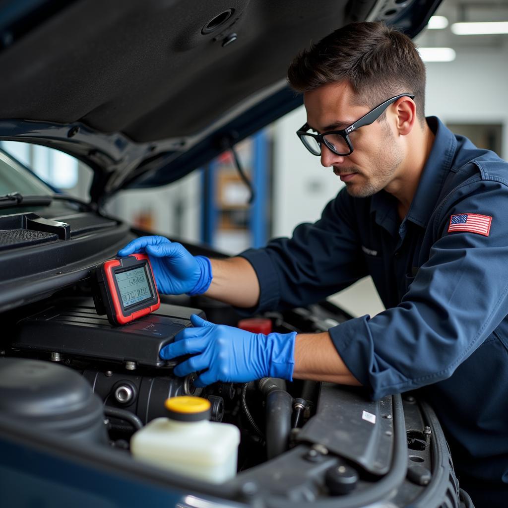 ASE Certified Mechanic Performing Vehicle Inspection