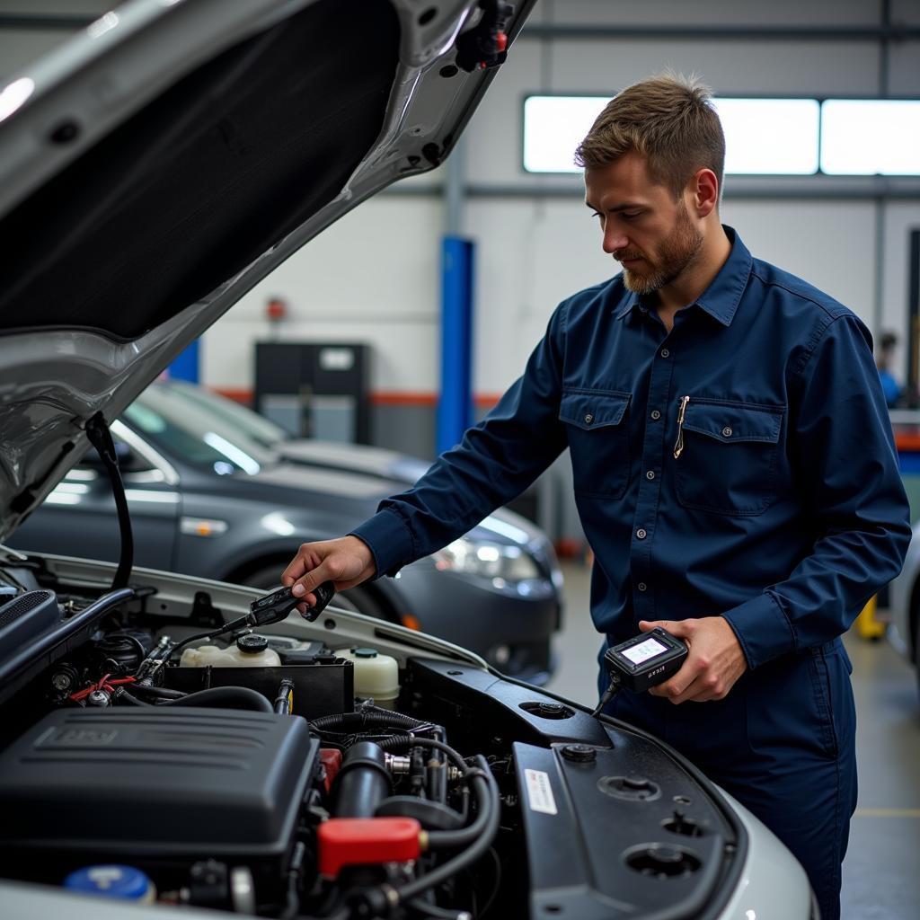 Qualified Auto Mechanic Using Diagnostic Tools