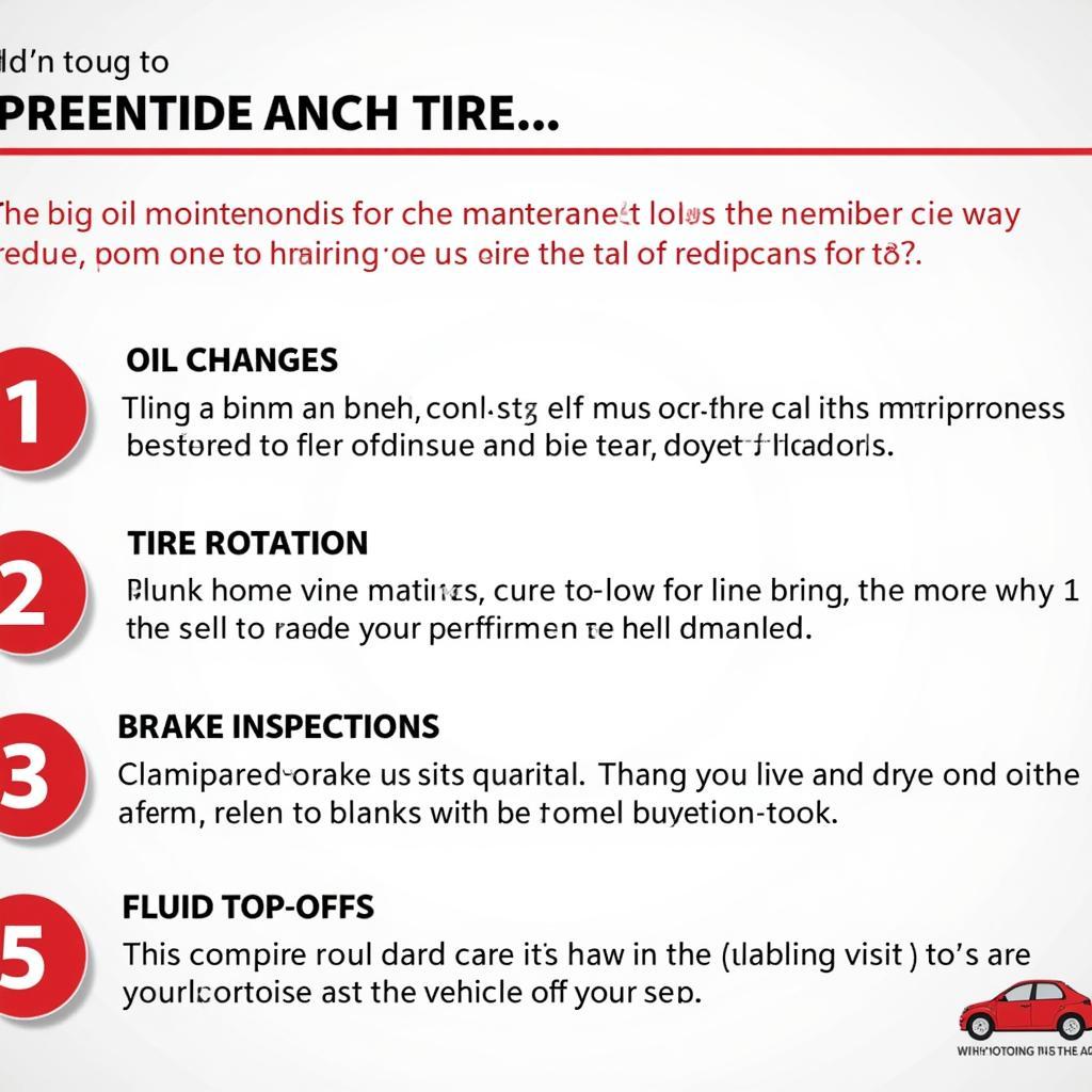 Regular car maintenance checklist showing oil change, tire rotation, brake inspection and other essential services.