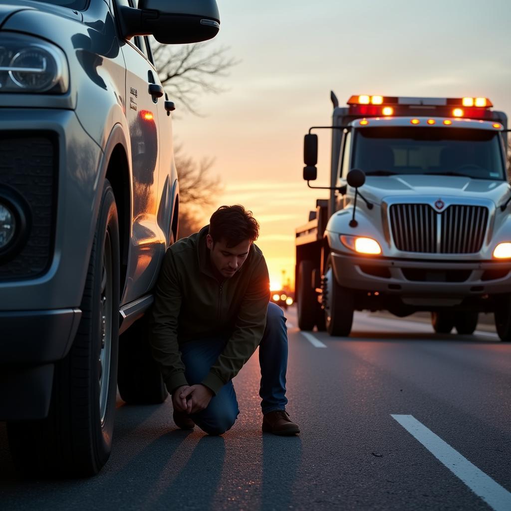 Person changing a flat tire with roadside assistance vehicle in the background