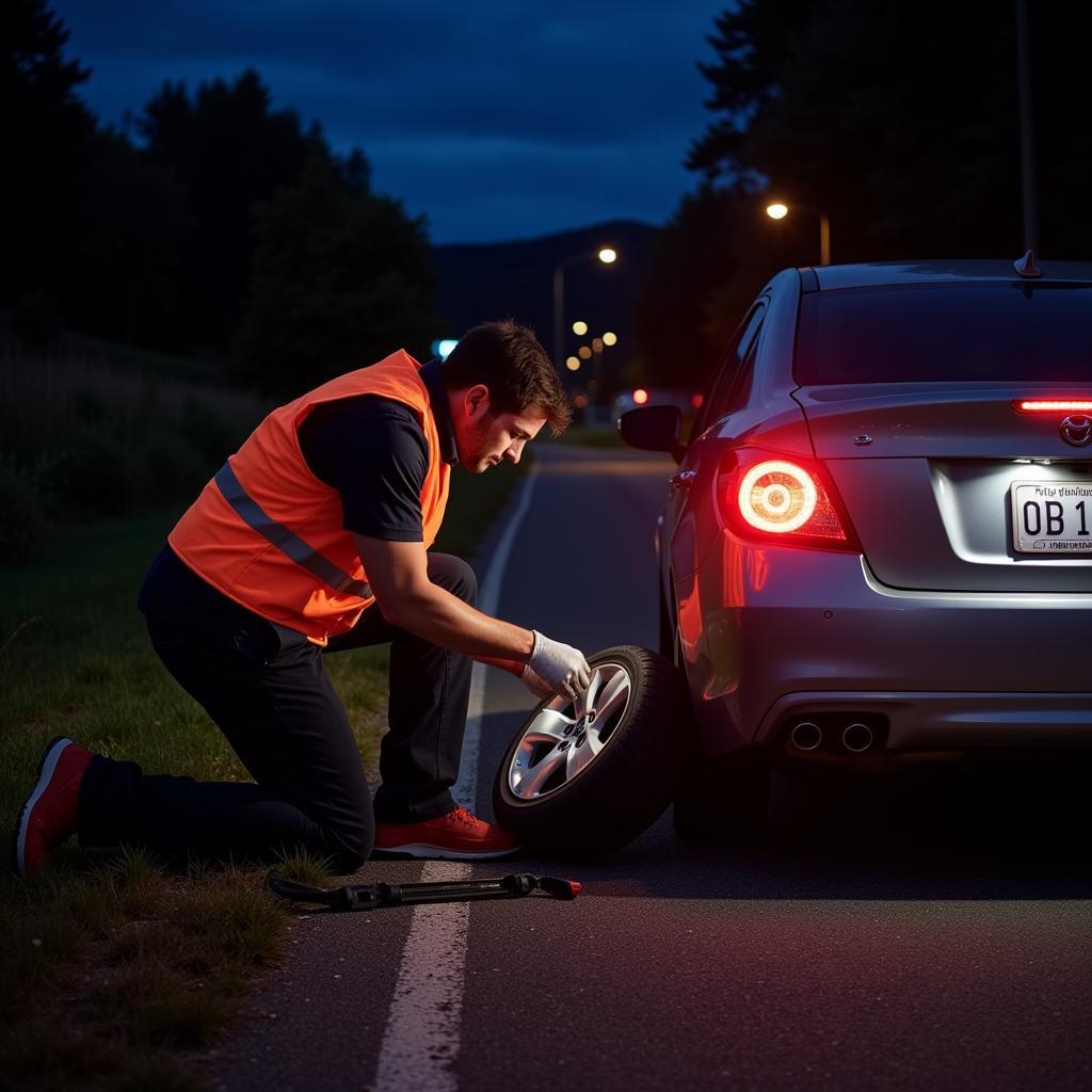 Roadside Assistance Technician Changing a Flat Tire at Night