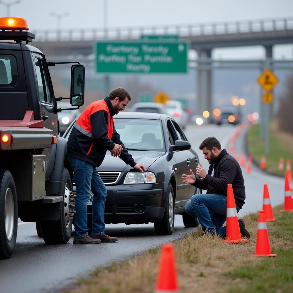 Tow truck assisting a stranded motorist on the side of the road