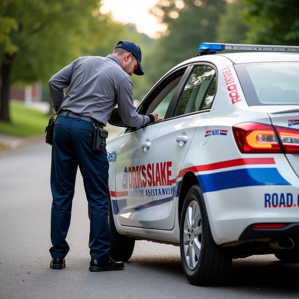 Roadside assistance vehicle providing auto lockout service to a stranded driver