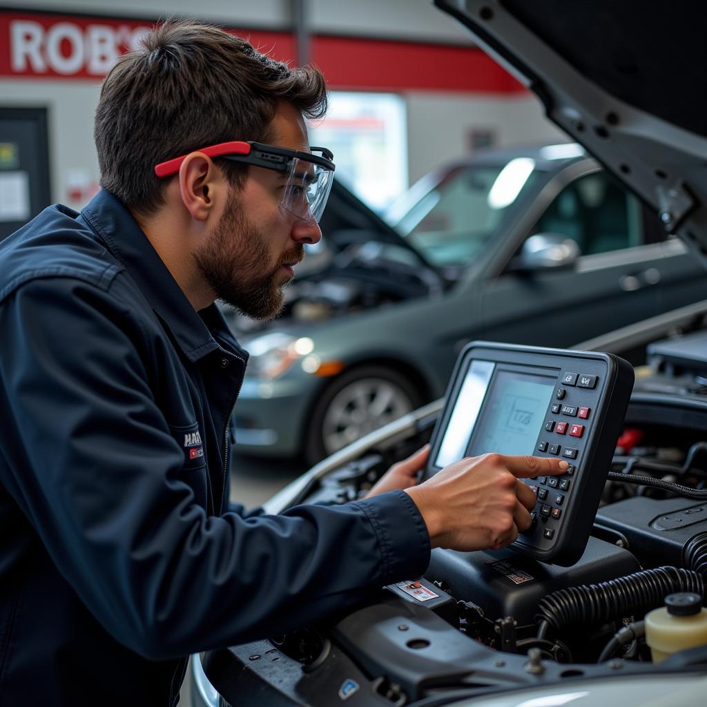 A skilled technician working on a car at Rob's Auto Service