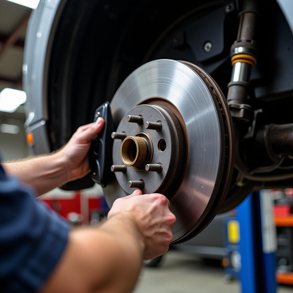 Mechanic inspecting brakes in a Rushland auto service center