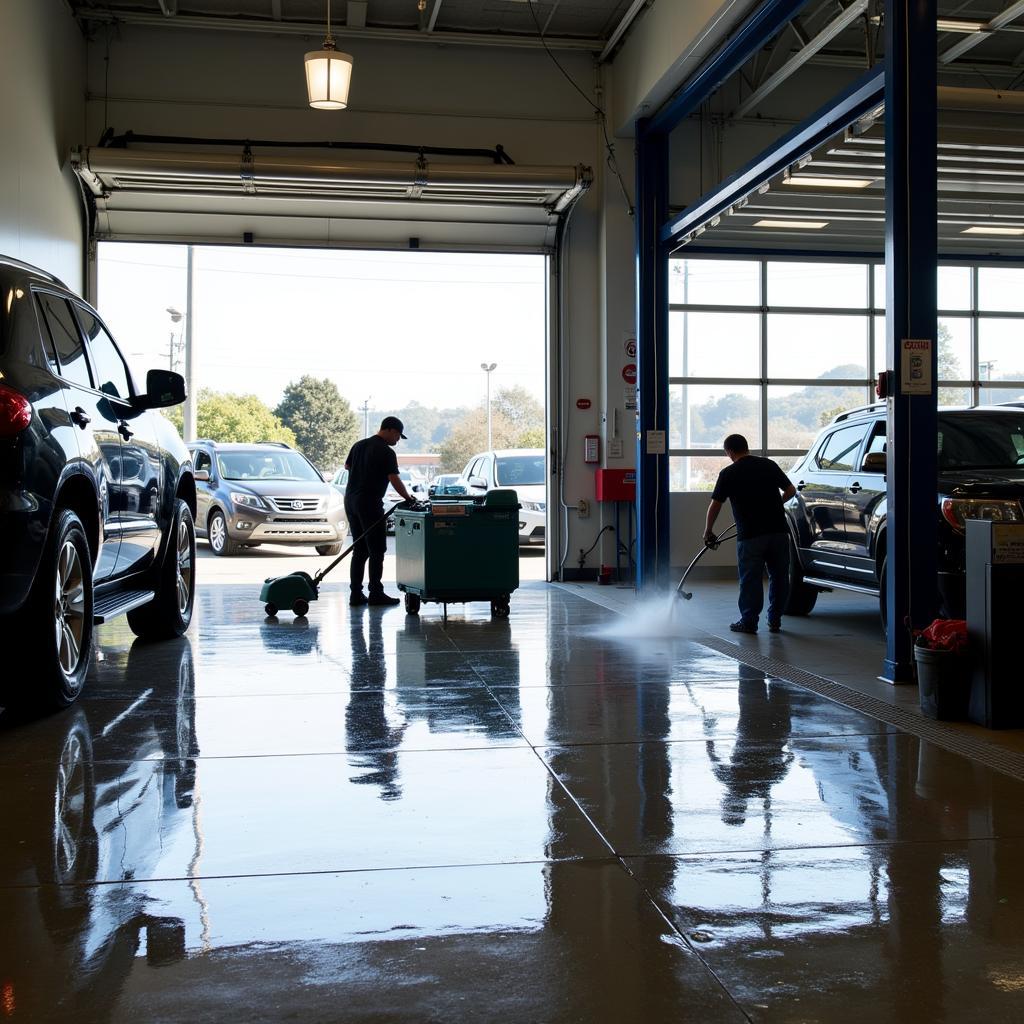 Professional cleaning of a service bay in a San Francisco auto dealership