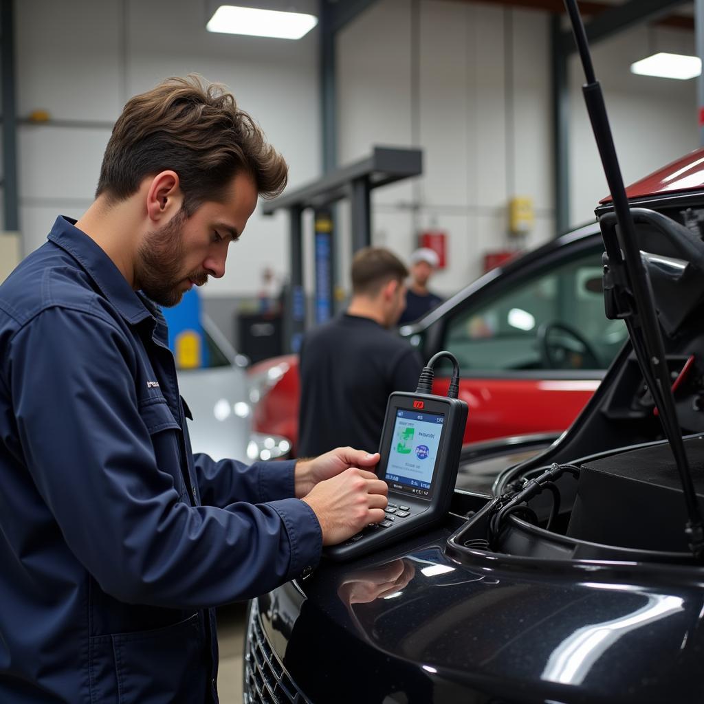 Mechanic working on a car in a San Juan auto repair shop