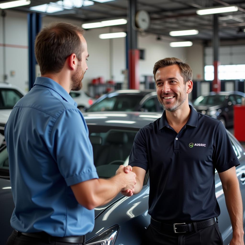 Satisfied Customer Shaking Hands with Auto Advisor