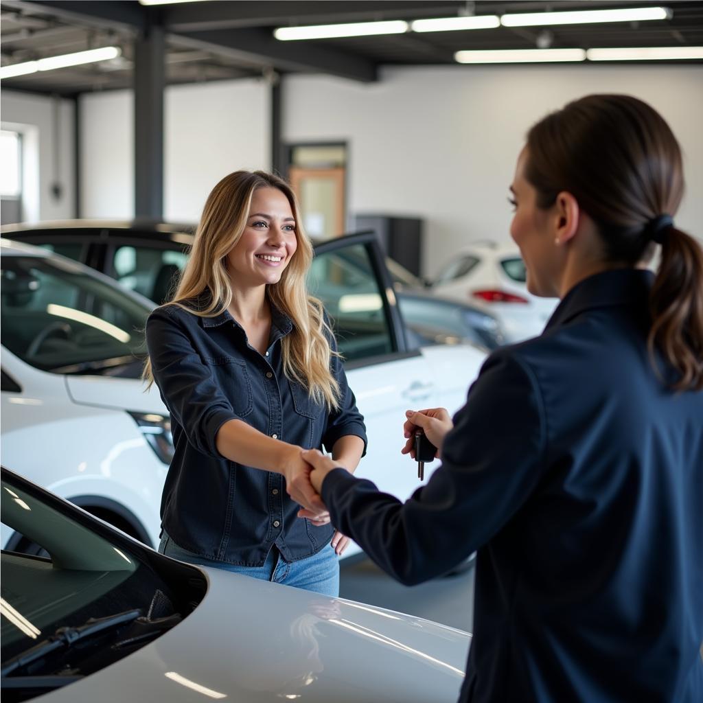 A satisfied customer receiving their car after service