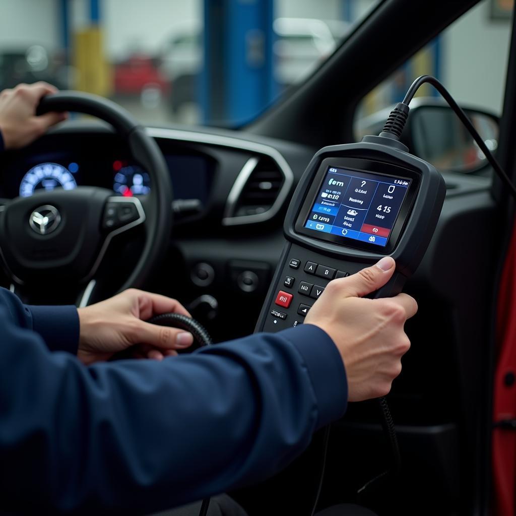 Mechanic in Scranton using a diagnostic tool on a car