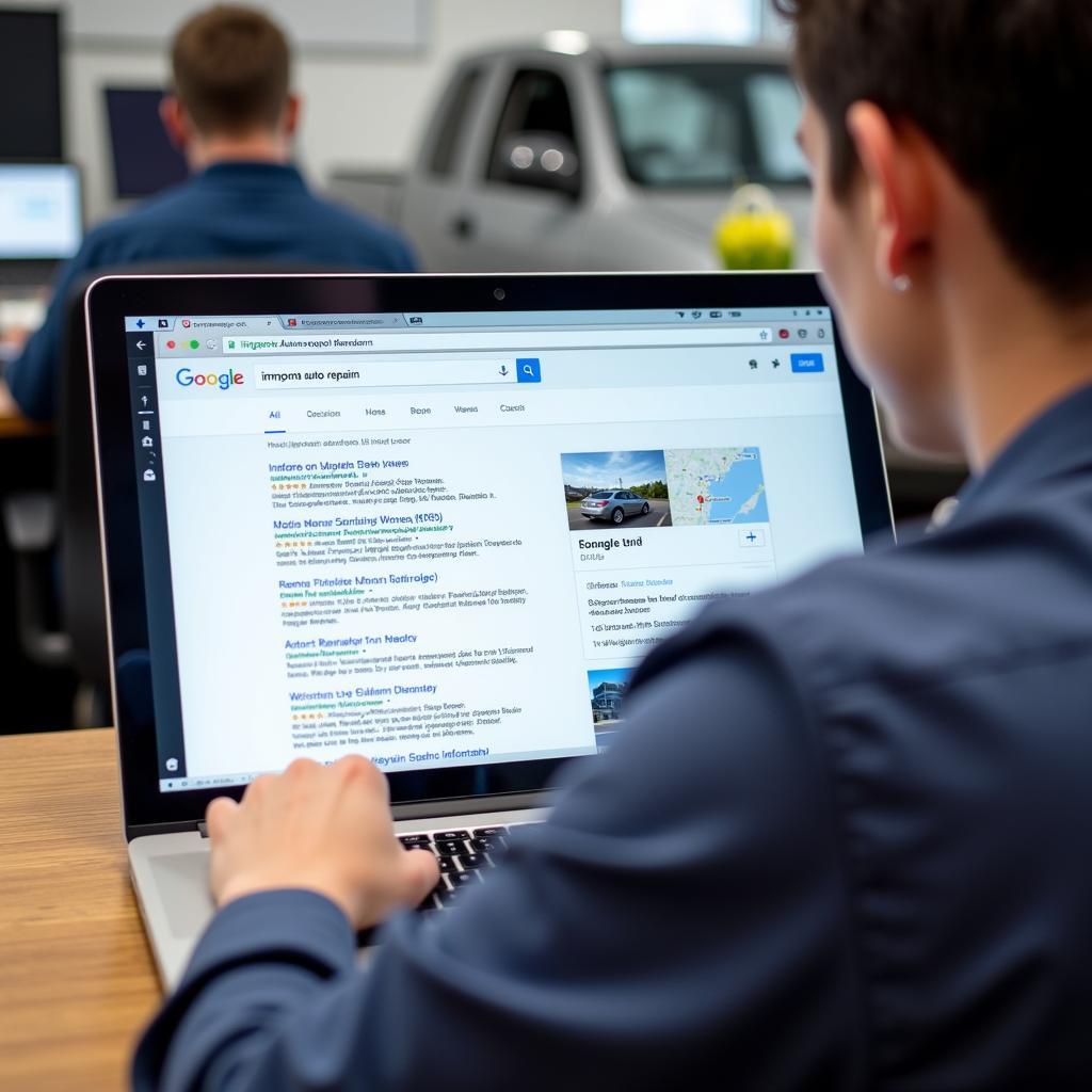 Person using a laptop to search for import auto repair shops online