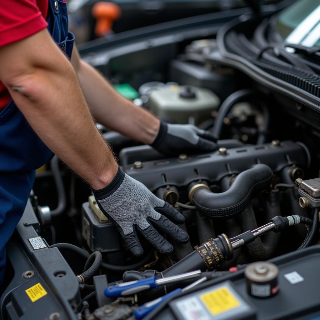 Mechanic Working on a Car Engine