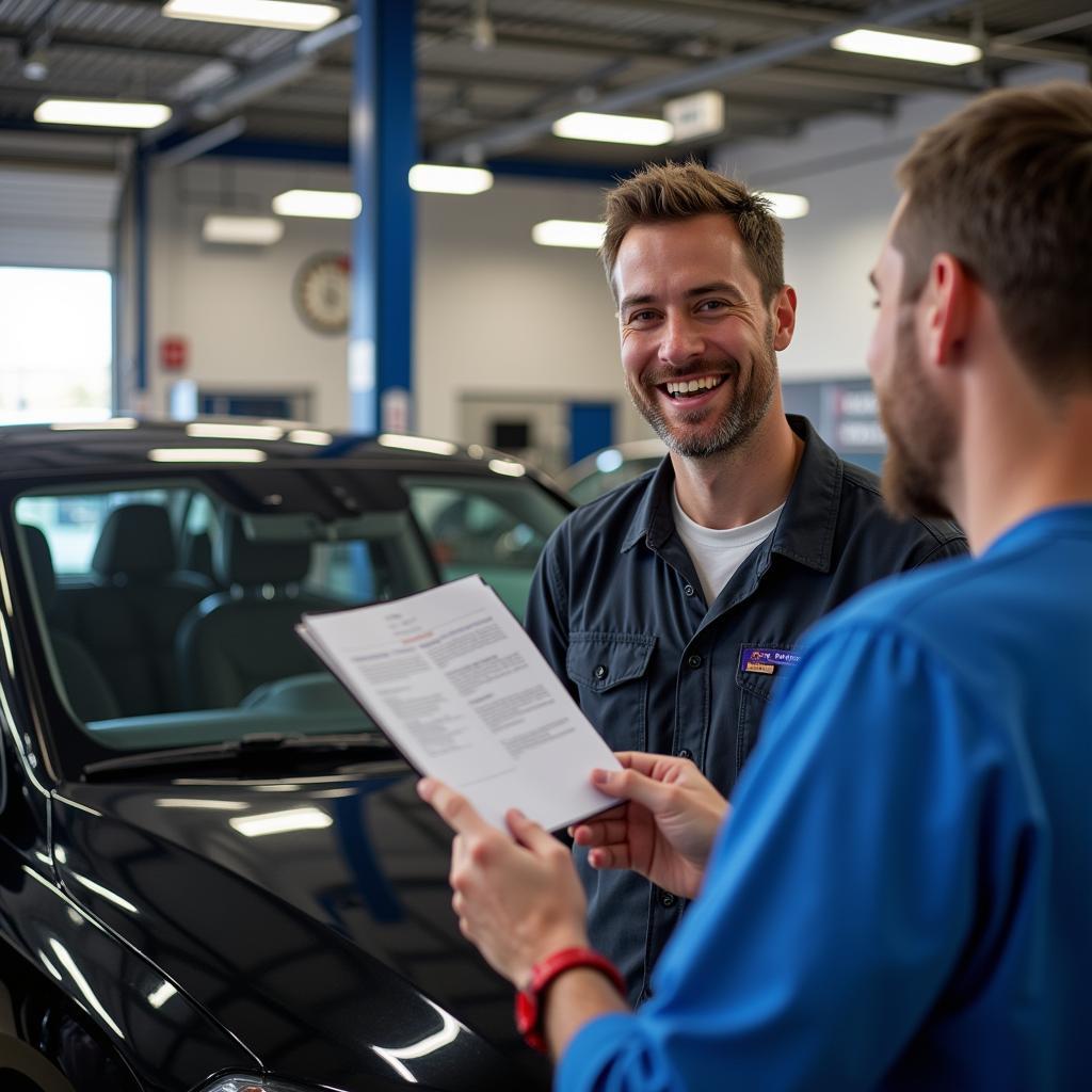 A service writer actively listens to a customer's car concerns.