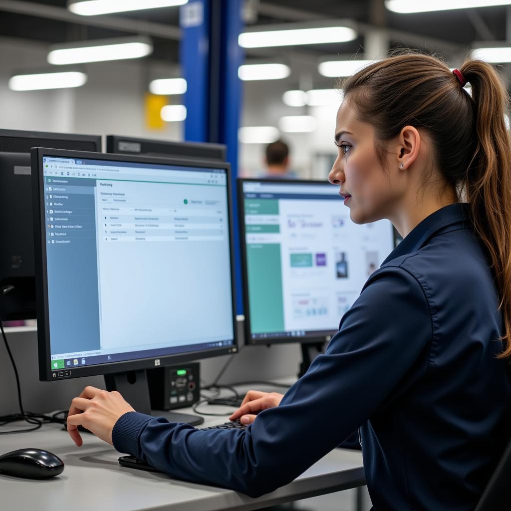 A service writer efficiently uses the dealership's computer system.