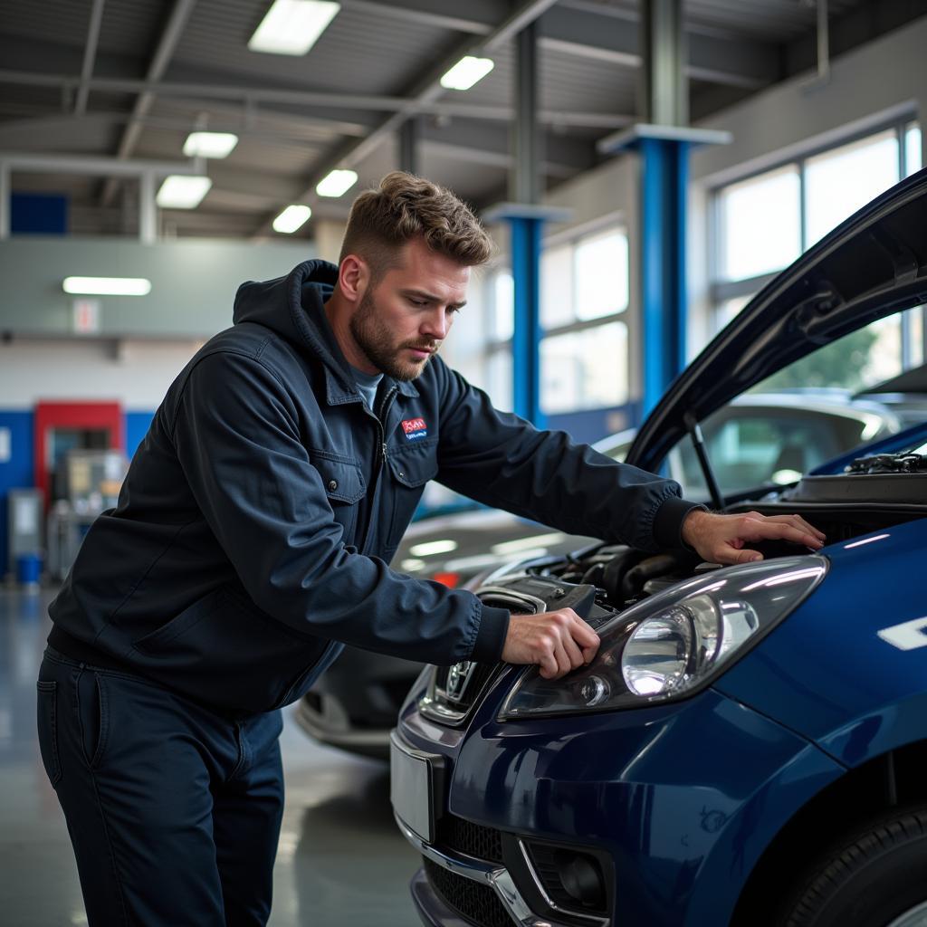 Mechanic working on a car in a speedy auto repair garage