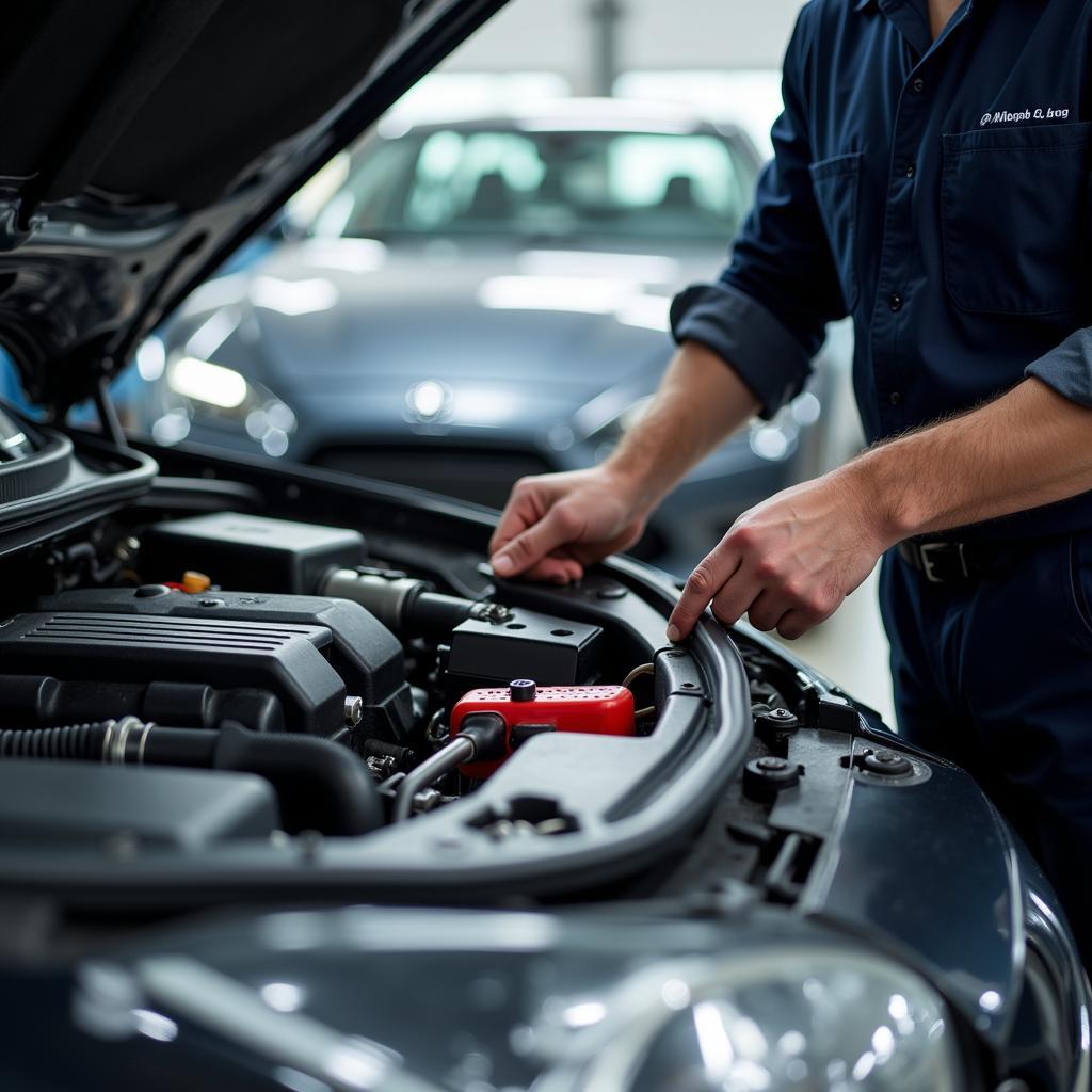 Mechanic working diligently on a car engine in a Norfolk, VA auto service shop