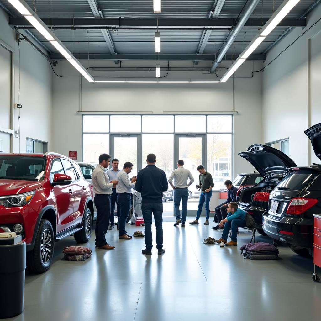 Busy individuals getting their car serviced on a Sunday