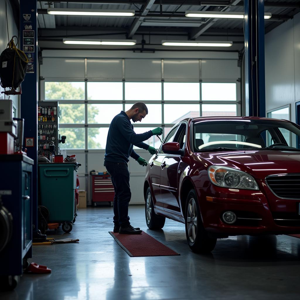 Mechanic working on a car in an auto service shop on a Sunday